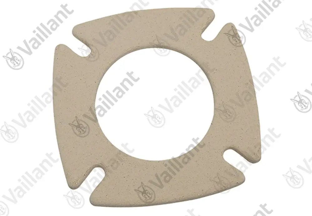 Vaillant Flanschdichtung in kreisrunder Form mit vier Aussparungen. Helles, mattes Material, geeignet für die Verbindung von Heizgeräten oder Rohrsystemen.